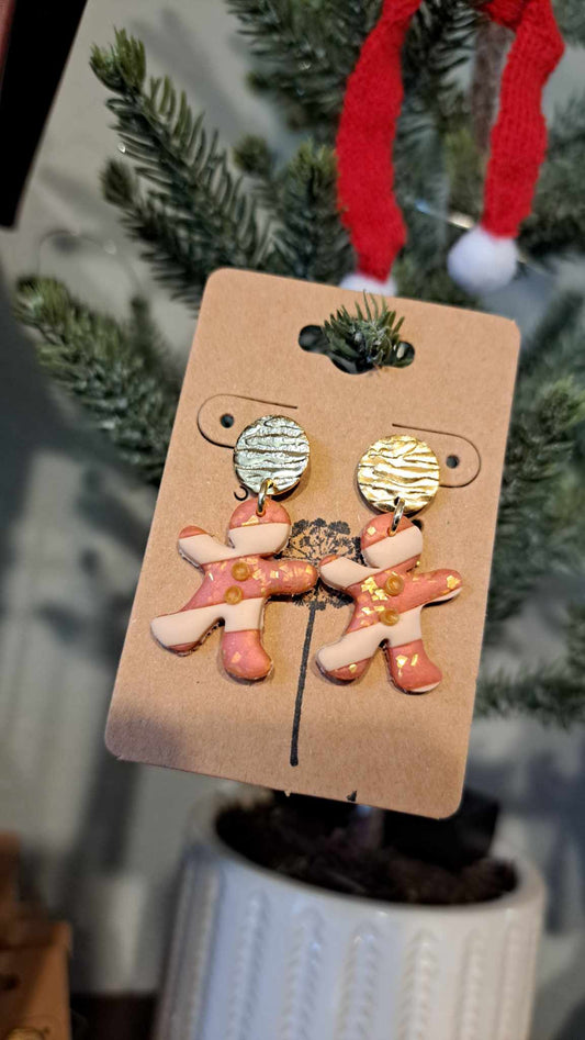 Striped Gingerbread People Polymer Clay Dangle Earrings (D10)