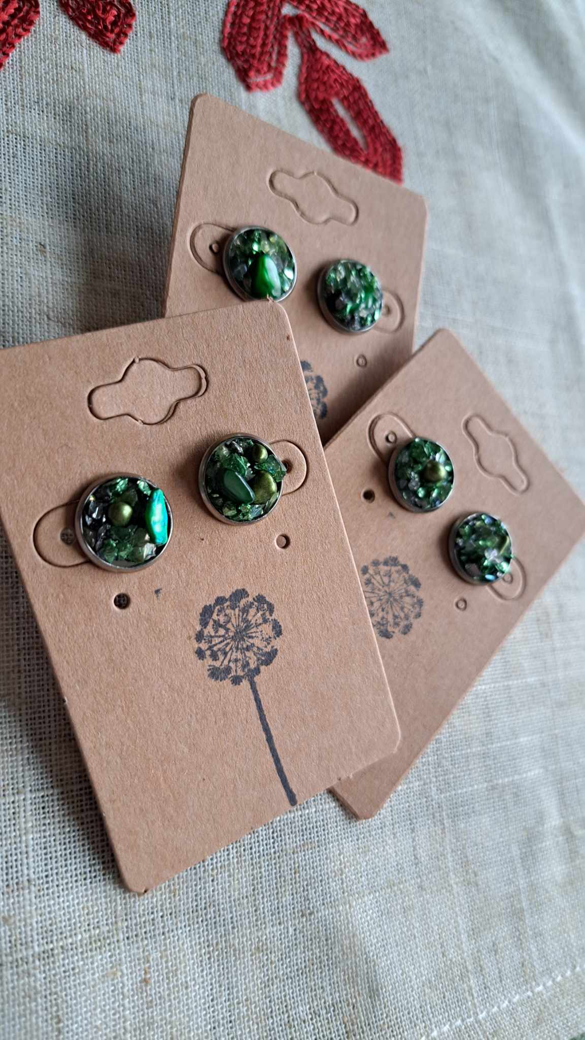 Round Bezel Style Gravel "Green Envy" Earrings