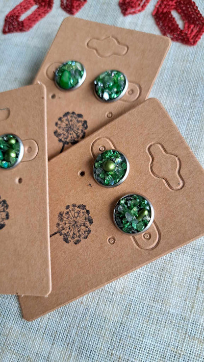 Round Bezel Style Gravel "Green Envy" Earrings