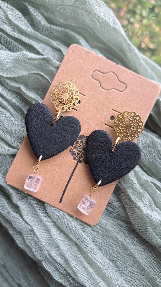 Black Heart Polymer Clay Dangle Earrings (B)