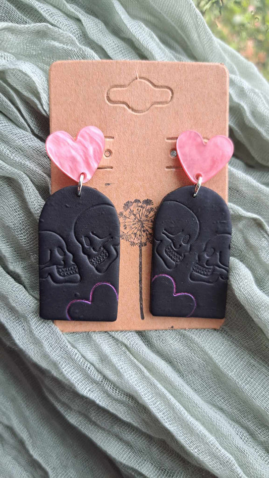 "Skulls In Love" Polymer Clay Dangle Earrings (A)