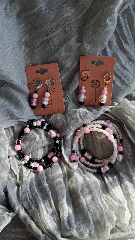 Handcrafted Pink/Black/White Bracelet/Earring Set