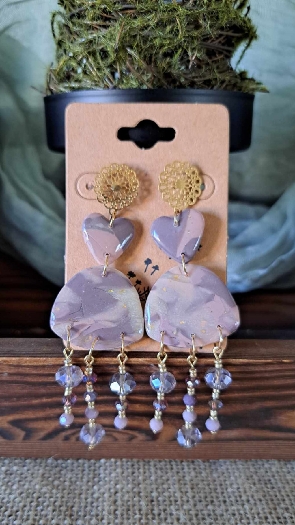 Marble Long Heart Polymer Clay Dangle Earrings