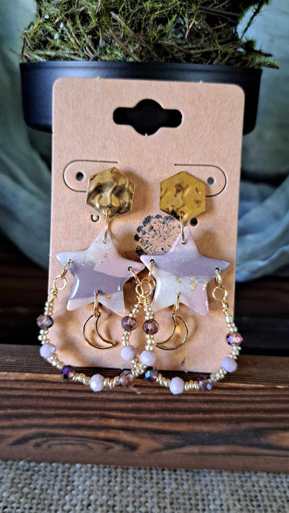 Marble Stars & Moon Polymer Clay Dangle Earrings