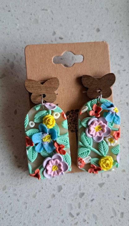 Handmade Arched Pastel Flower Dangles Polymer Clay Earrings (A)