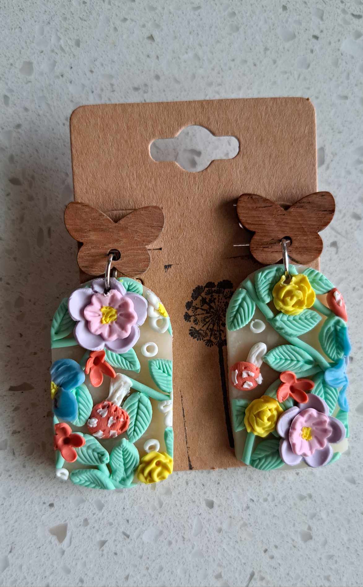 Handmade Arched Pastel Flower Dangles Polymer Clay Earrings (A)