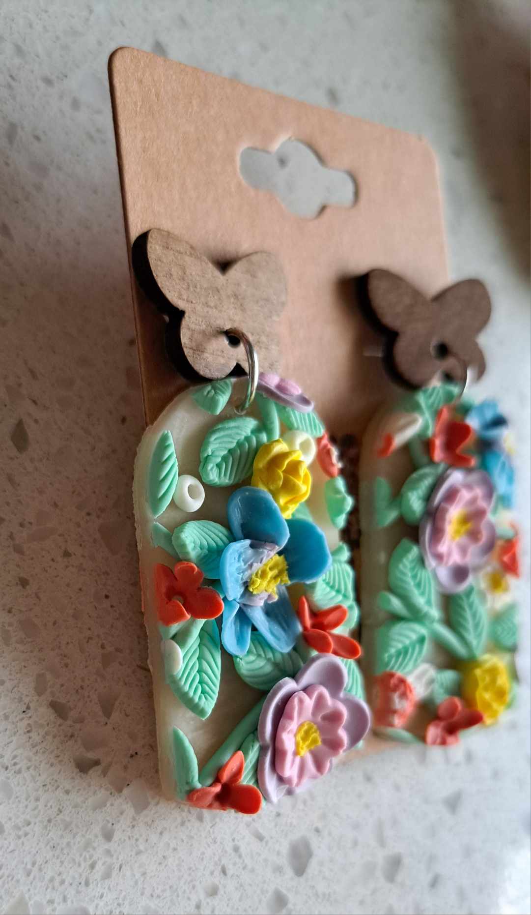 Handmade Arched Pastel Flower Dangles Polymer Clay Earrings (A)