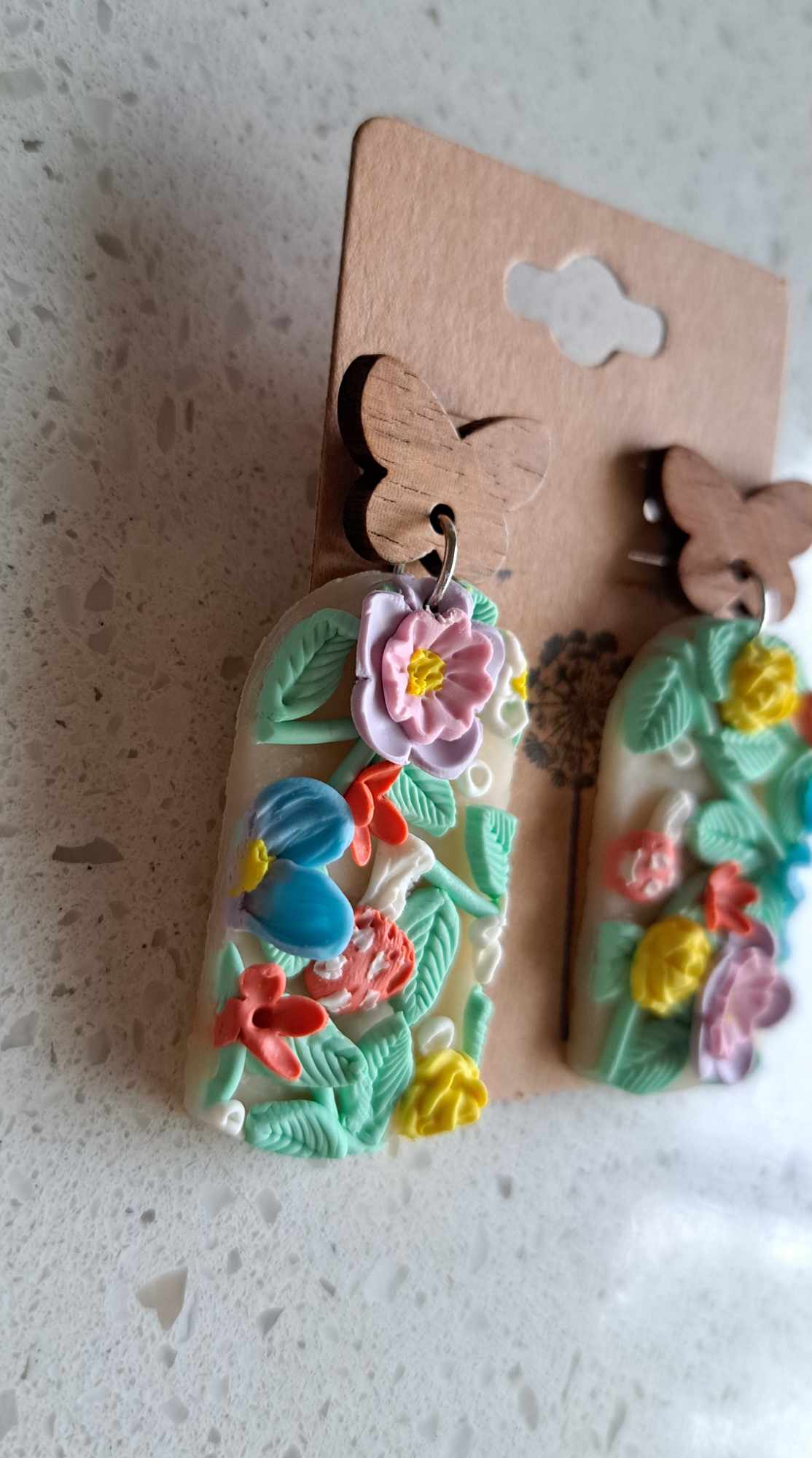 Handmade Arched Pastel Flower Dangles Polymer Clay Earrings (A)