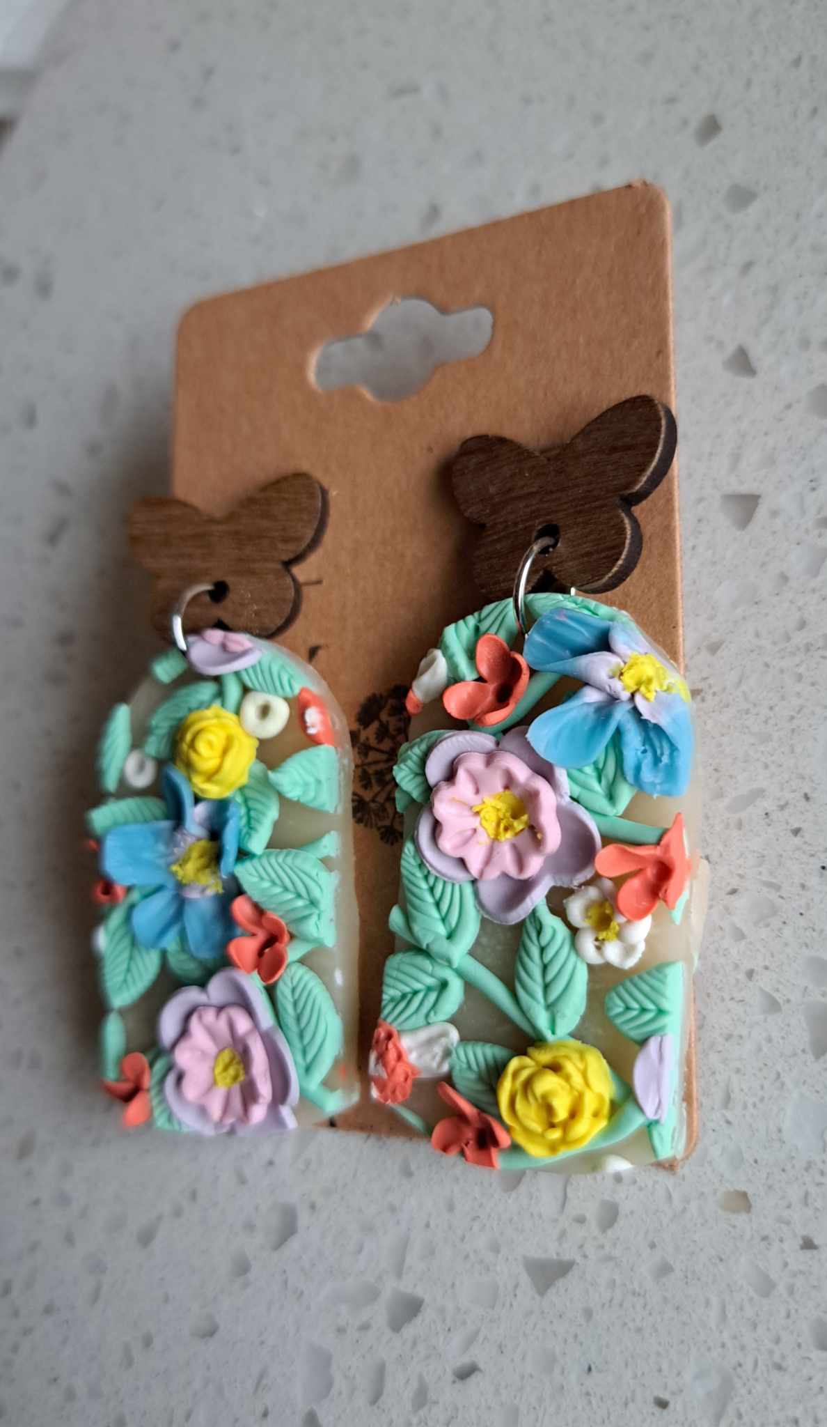 Handmade Arched Pastel Flower Dangles Polymer Clay Earrings (A)