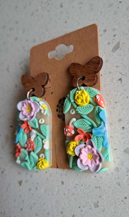 Handmade Arched Pastel Flower Dangles Polymer Clay Earrings (A)