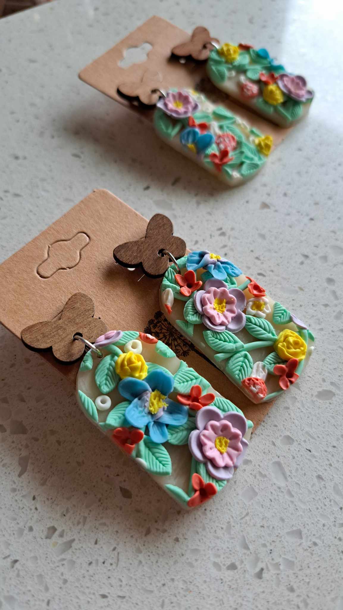 Handmade Arched Pastel Flower Dangles Polymer Clay Earrings (A)