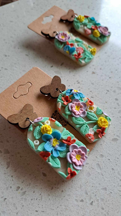 Handmade Arched Pastel Flower Dangles Polymer Clay Earrings (A)