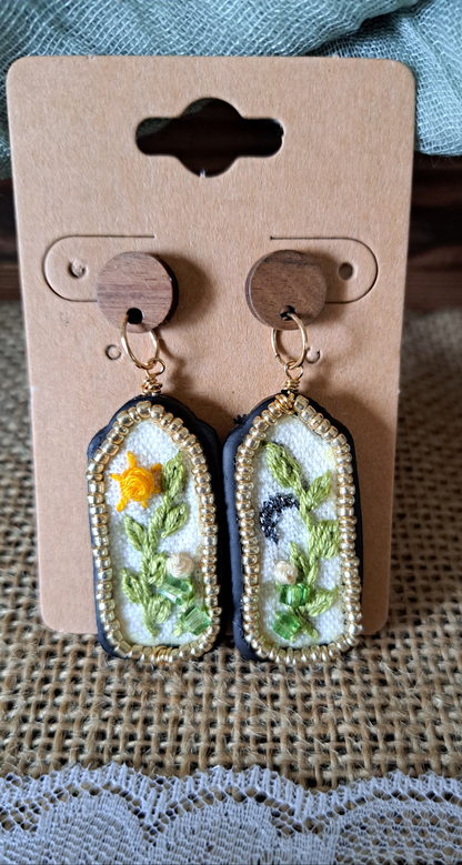 Handmade Celestial Sun & Moon Over Flower Embroidery Dangle Earrings