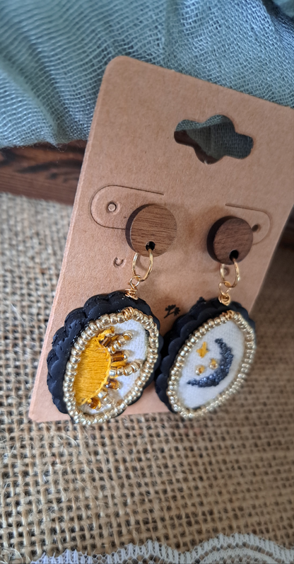 Handmade Celestial Sun & Moon Embroidery Dangle Earrings
