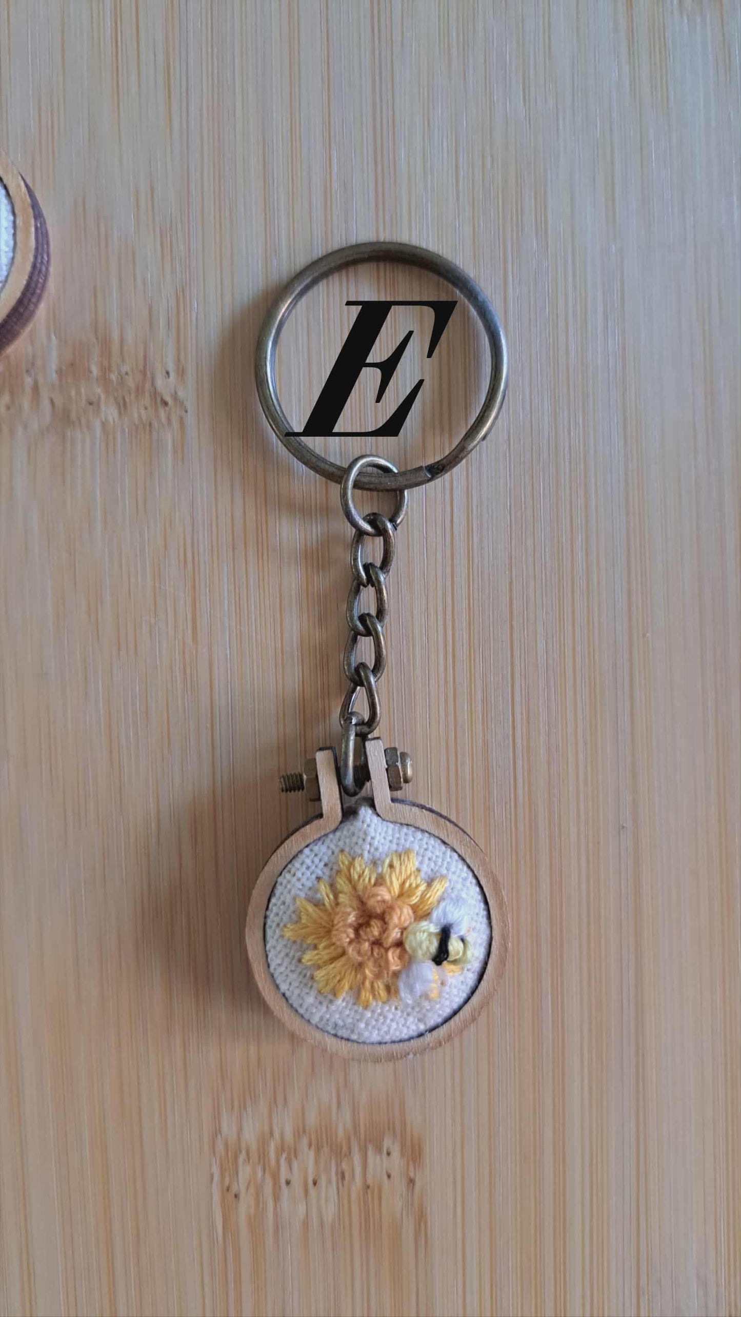 Handcrafted Embroidered Flower/Bees Keychain
