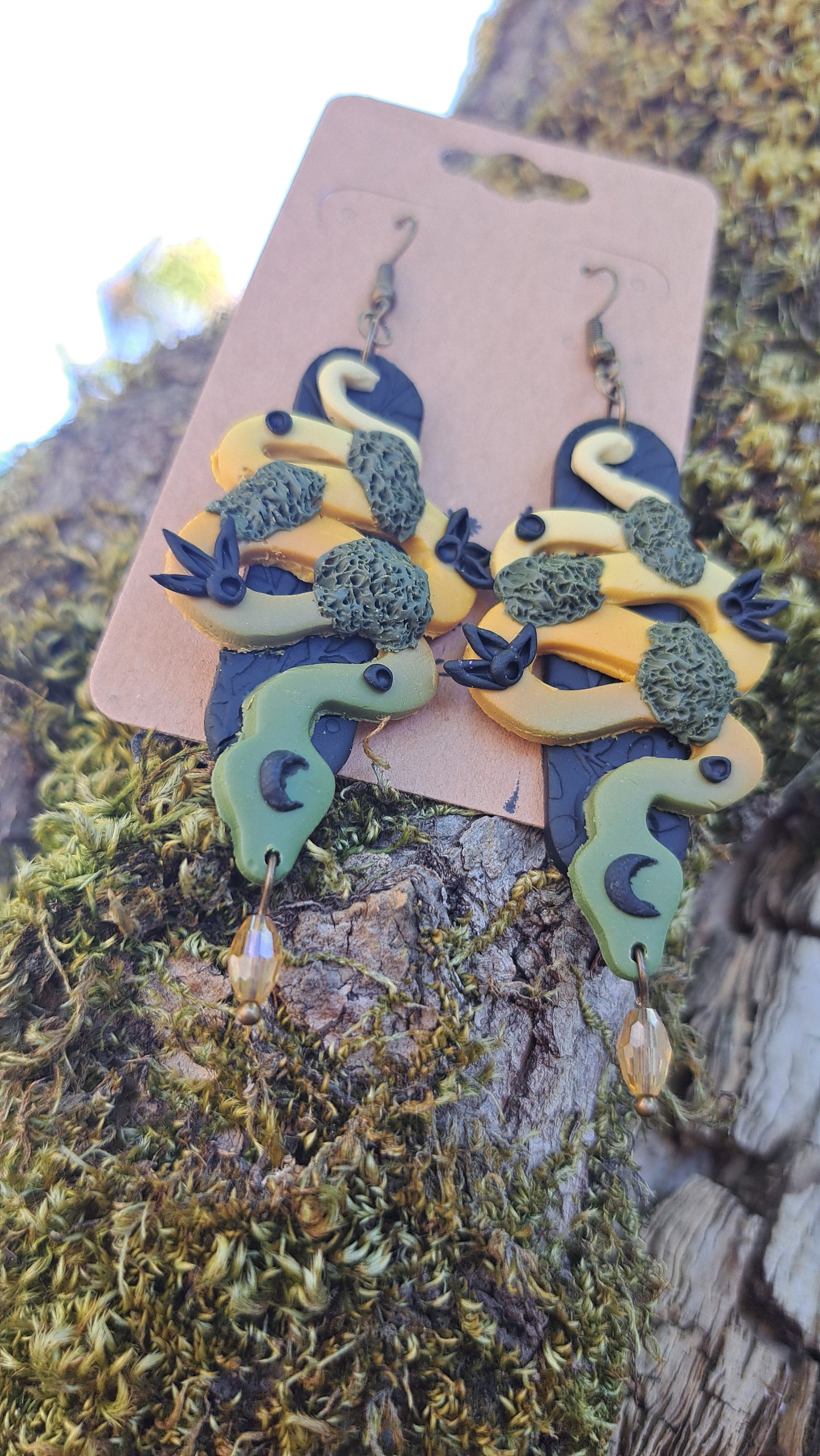 Handmade "Mossy Cresent Snake" Polymer Clay Dangle Earrings