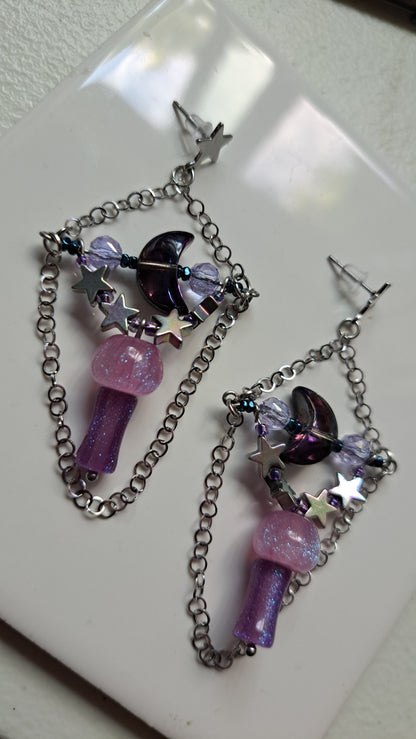 Handcrafted Galactic Mushroom Dangle Earrings
