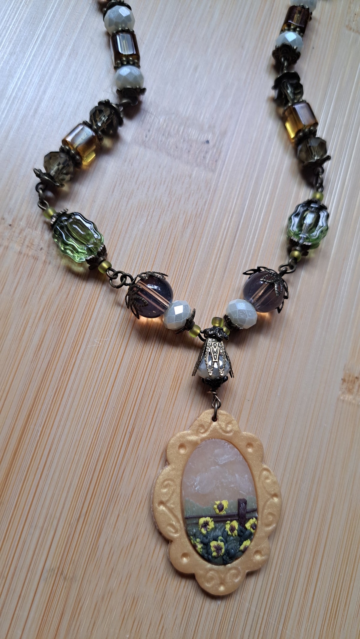 Handcrafted "Foggy Sunflower" Bead Necklace
