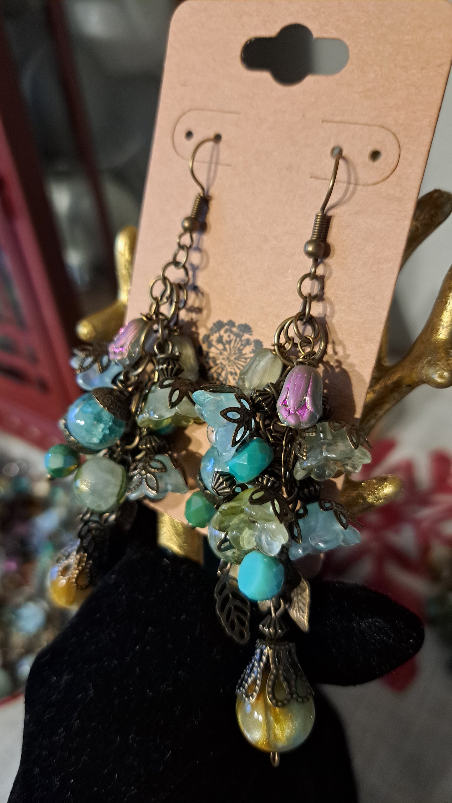 Handcrafted Mossy Flower Bead Dangle Earrings