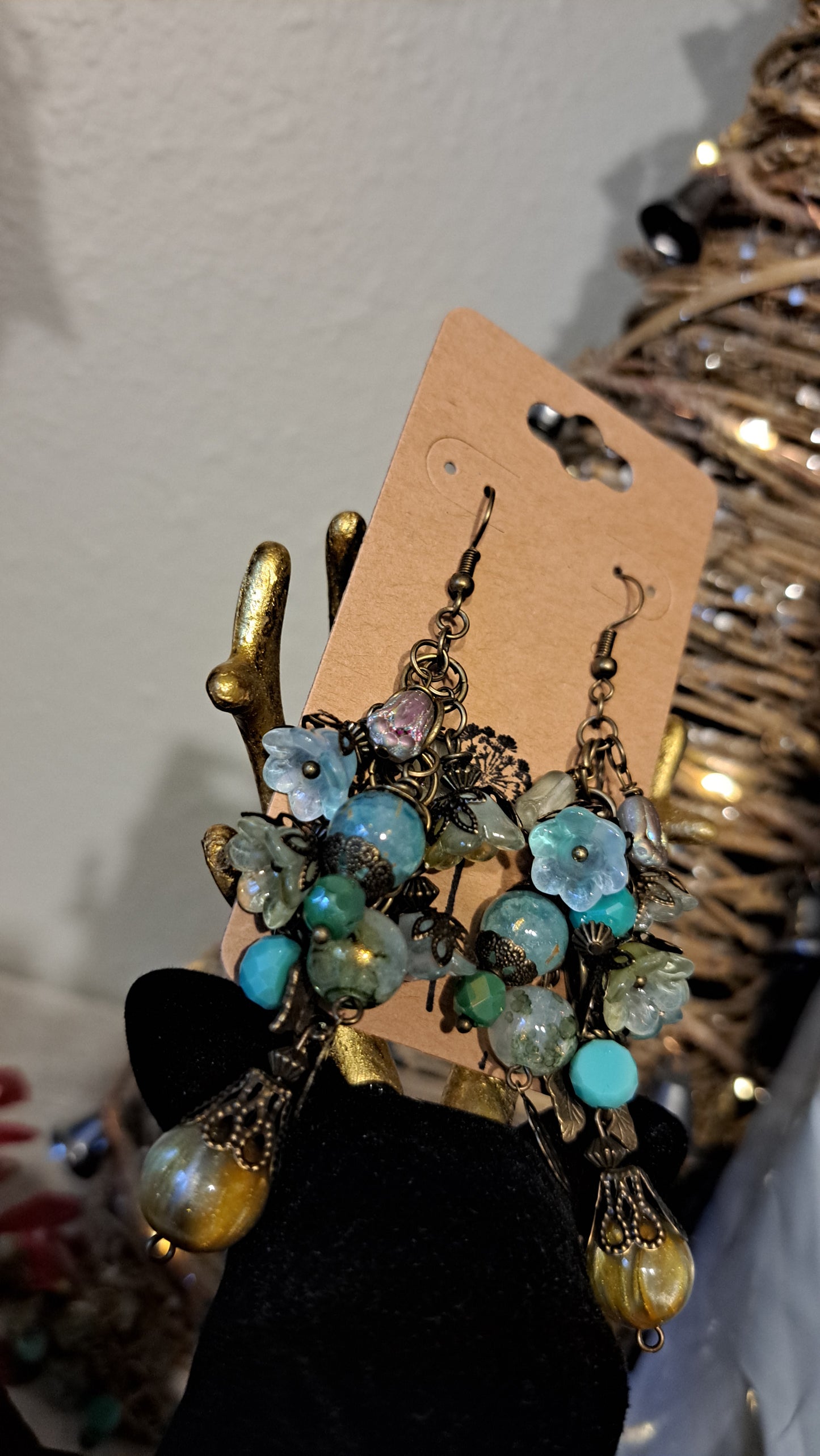 Handcrafted Mossy Flower Bead Dangle Earrings