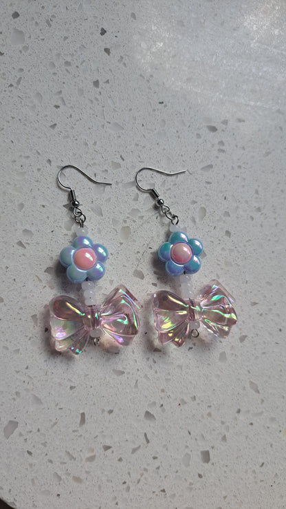 Handcrafted Flower & Bows Dangle Earrings