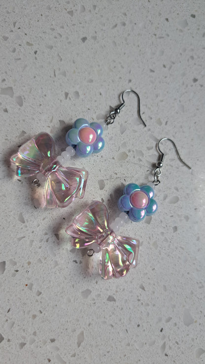 Handcrafted Flower & Bows Dangle Earrings