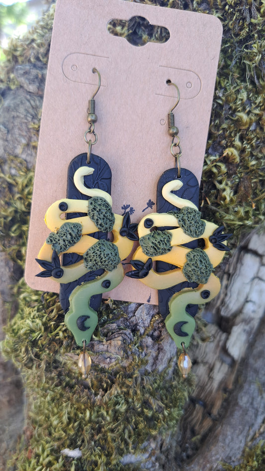 Handmade "Mossy Cresent Snake" Polymer Clay Dangle Earrings