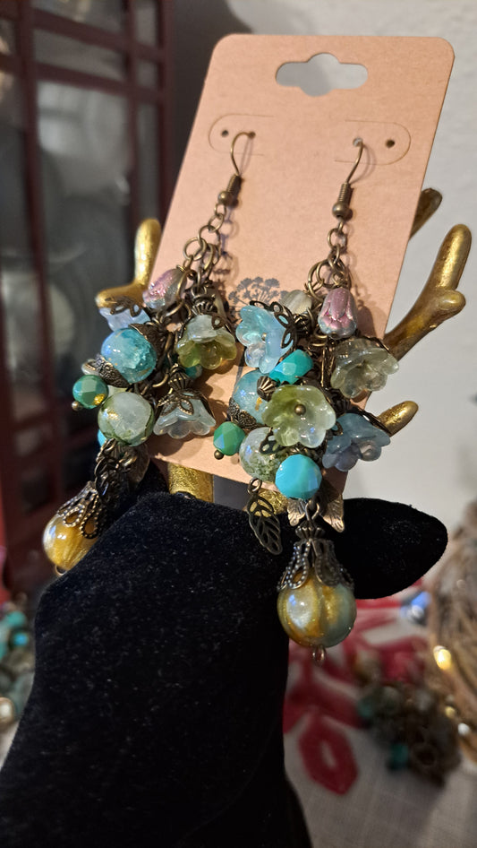 Handcrafted Mossy Flower Bead Dangle Earrings