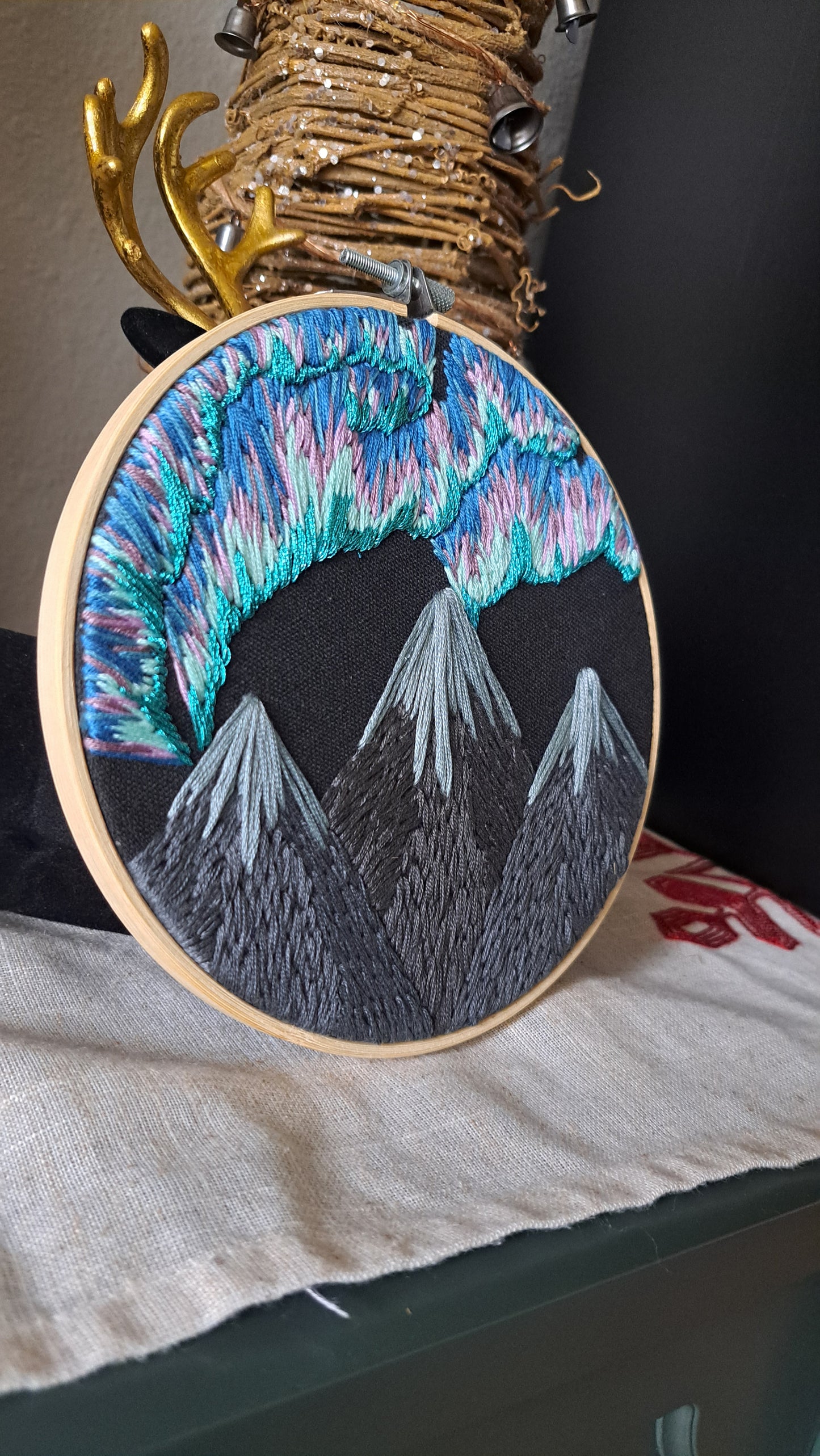 Handcrafted Aurora Embroidered Hoop Wall Hanger