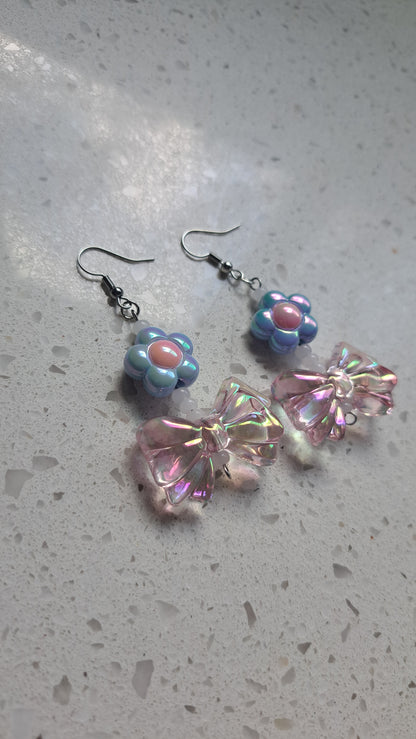 Handcrafted Flower & Bows Dangle Earrings
