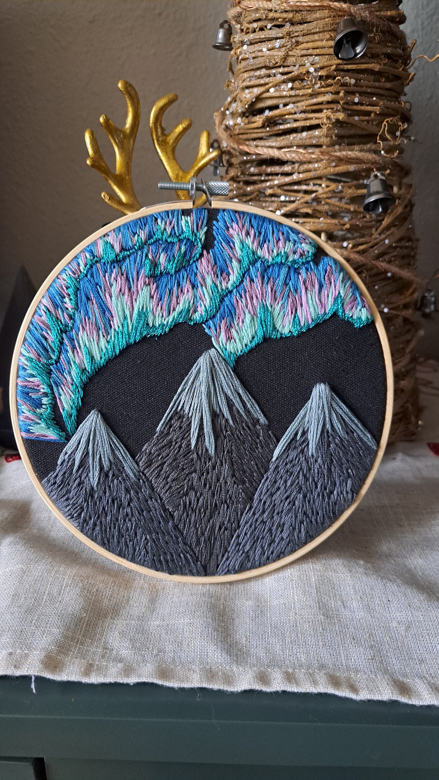 Handcrafted Aurora Embroidered Hoop Wall Hanger