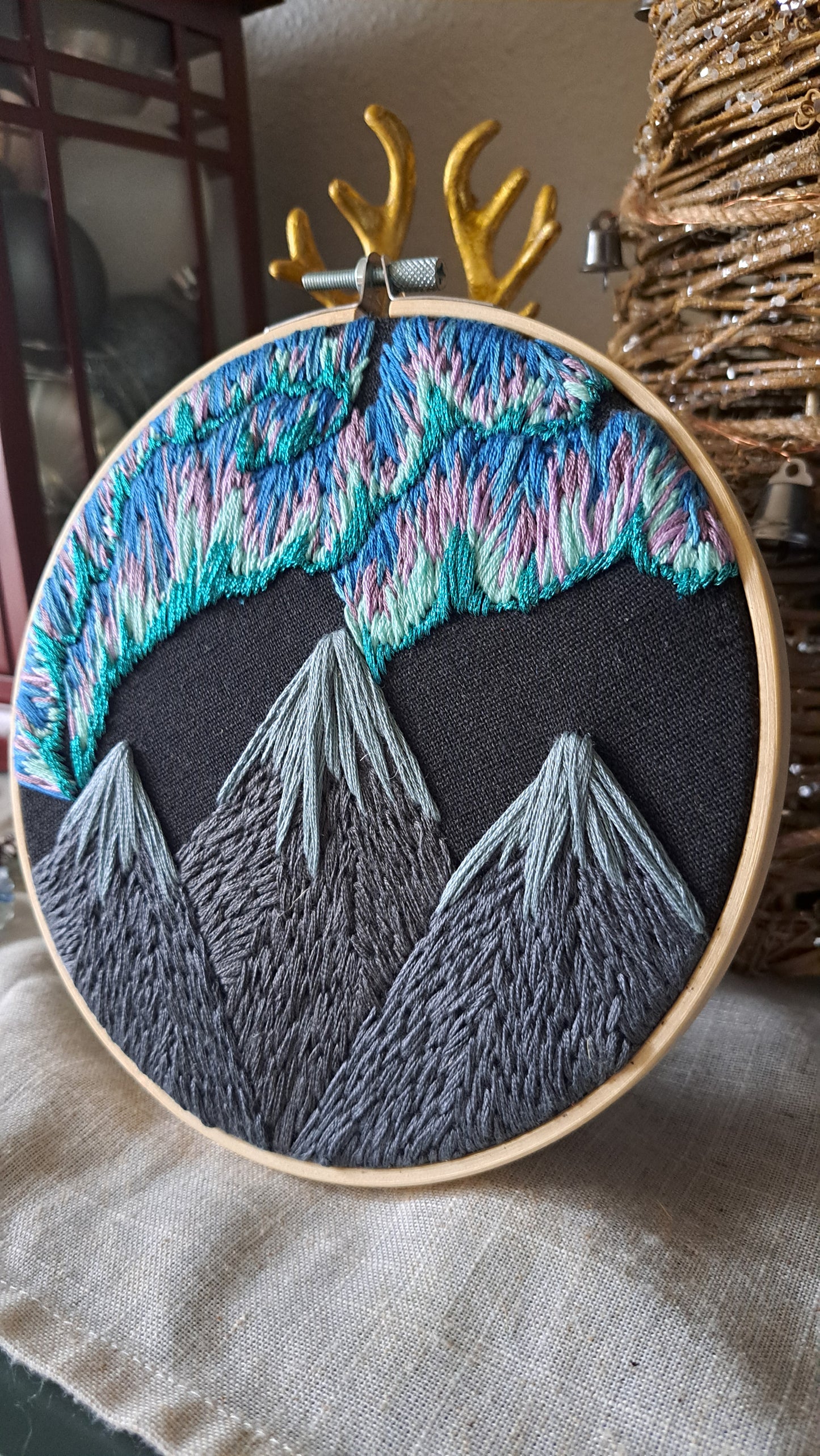 Handcrafted Aurora Embroidered Hoop Wall Hanger